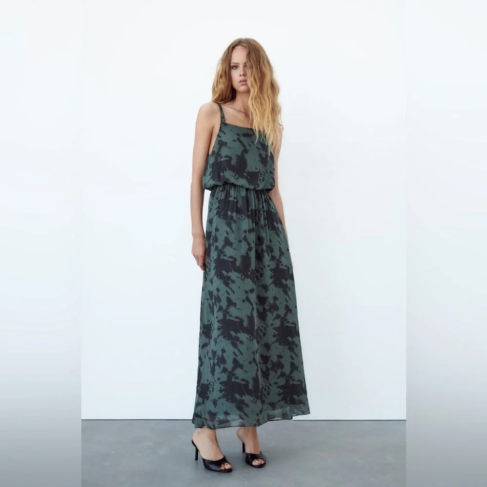 Zara Women's Green Printed Elastic Waist Wide Strap Sleeveless Midi Dress Size M